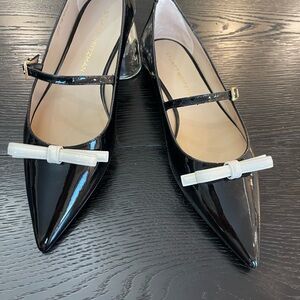 Stuart Weitzman Black Patent Leather Heels with White Bow